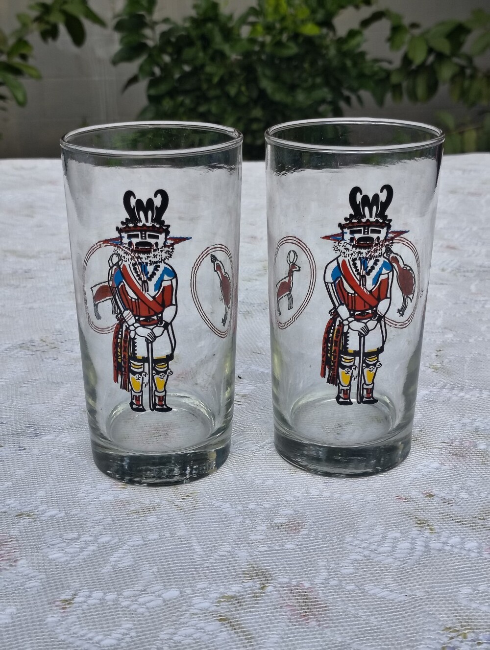 Pair of Vintage Libbey Babbits Native American Kachina Hopi Drinking Glasses